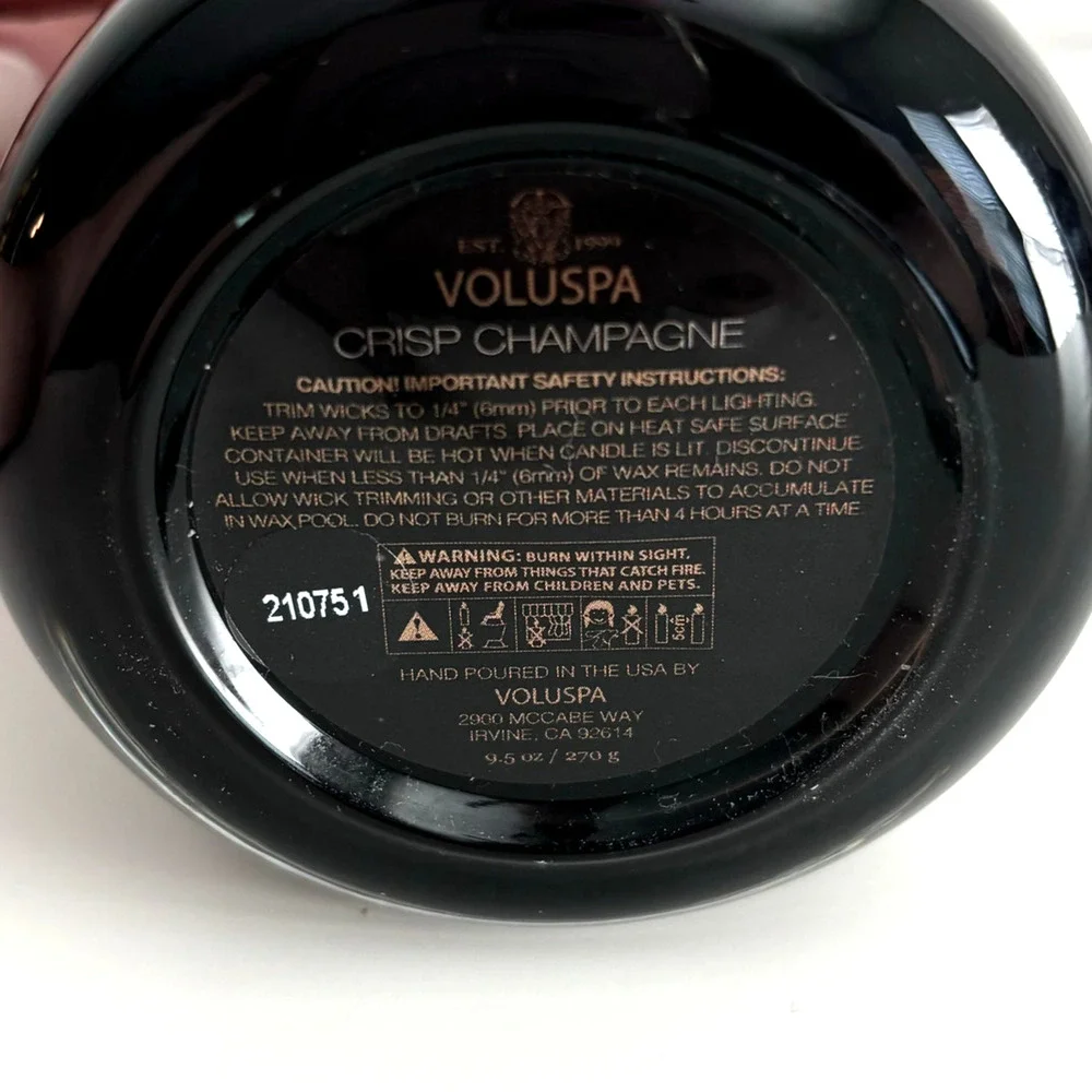 Used Voluspa Crisp Champagne Classic Candle w/ Lid Black Glass Cocowax 9.5oz